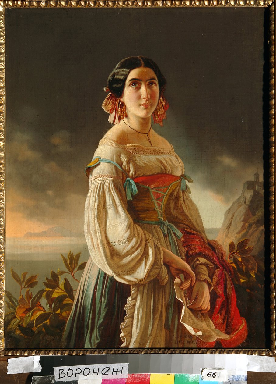 Porträtt av prinsessan Lina Gagarina (då grevinnan Muraviova). Målning av Pimen Nikitich Orlov (1812-1863), olja på duk av Pimen Nikitich Orlov