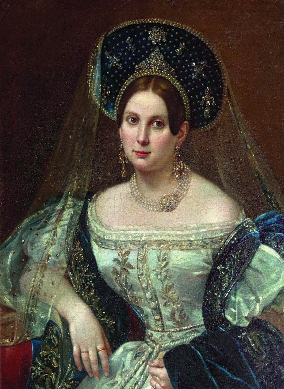 Porträtt av en kvinna i den ryska hovklänningen, ca 1835 av Pimen Nikitich Orlov