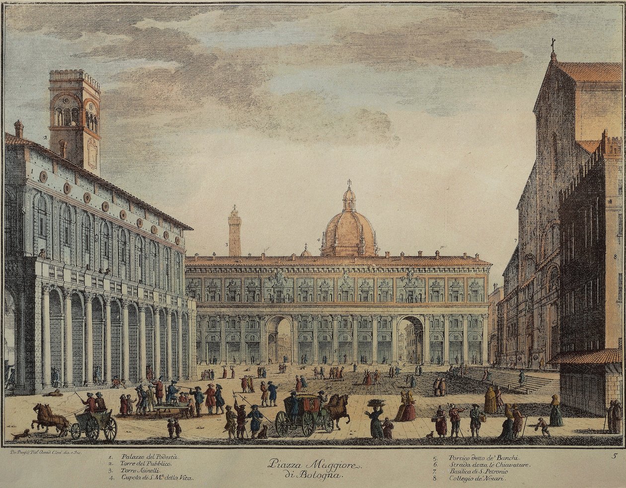 Italien, Bologna, Piazza Maggiore eller Piazza Grande, av Pio Panfili, gravyr av Pio Panfili
