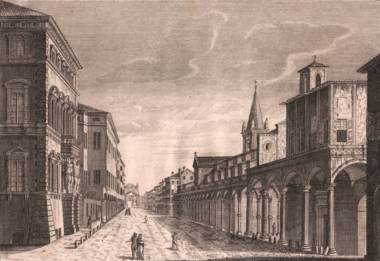 Vy över Strada Maggiore i Bologna, Emilia-Romagna, Italien, kopparstick av C Lambertini efter teckning av Pio Panfili (1723-1812), ca 13,5x19 cm av Pio Panfili