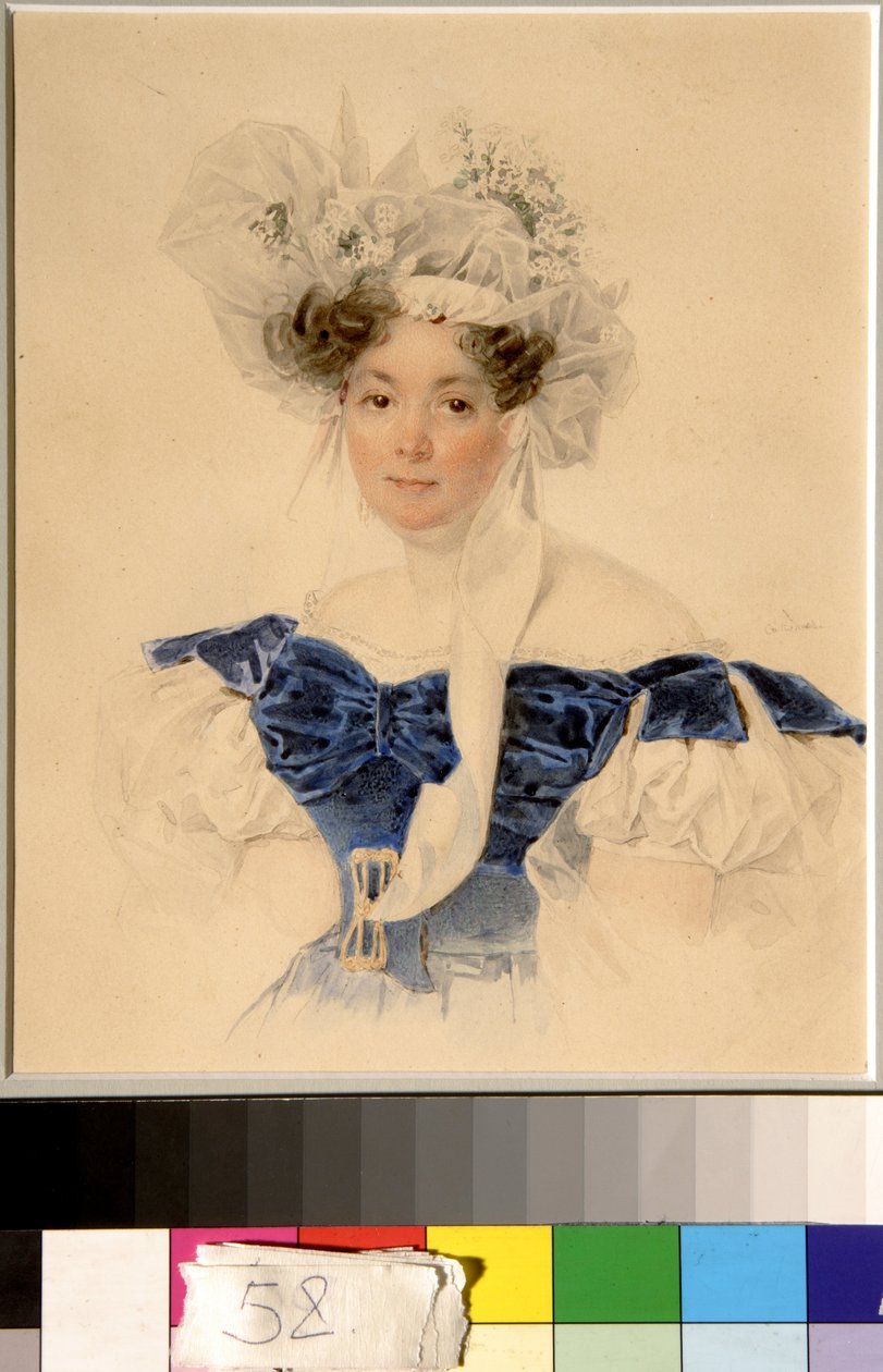 Porträtt av grevinnan Varvara Golitsyna nee Rumyantseva Kalgulska (1794-1875) - Verk av Piotr (Pierre) Sokolov (1791-1848), akvarell på papper (20,6x16,6 cm) av Piotr Sokolov