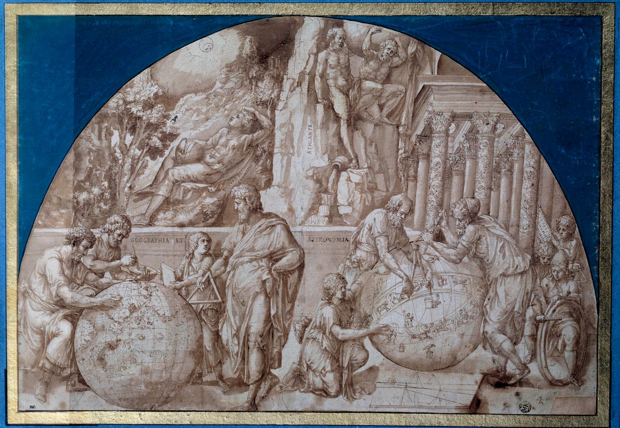 Astronomi allegori. Forskare gör mätningar på jordklot. Teckning med brunt bläck av Pirro Ligorio (cirka 1500-1583) 1500-talets Paris, Louvren av Pirro Ligorio