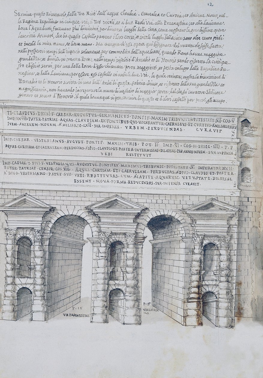Porta Maggiore i Rom, ritning, från romerska antikviteter, av Pirro Ligorio (1513-1583) av Pirro Ligorio