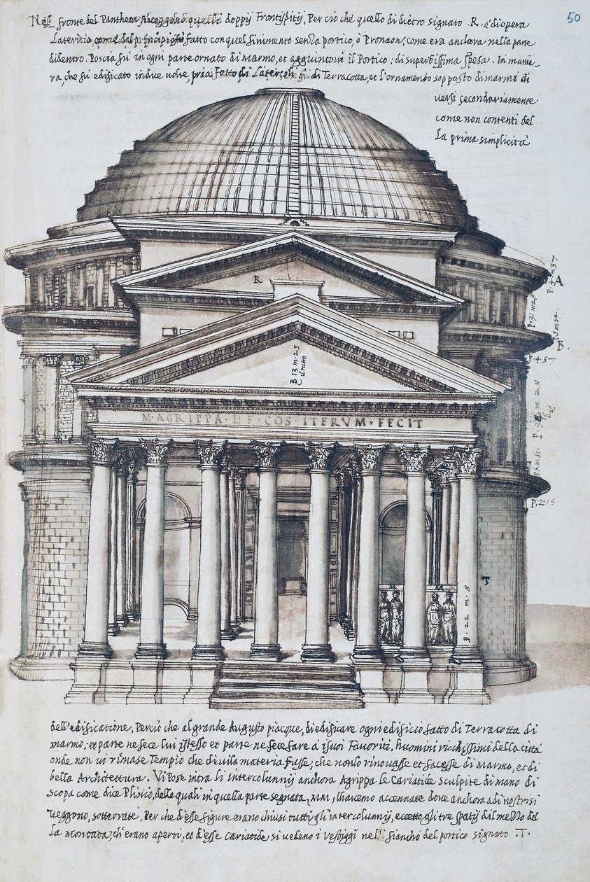 Utsikt över Pantheon i Rom, ritning från volym XIII av XXX Libri delle Antichita (antikvitetsböcker) av Pirro Ligorio