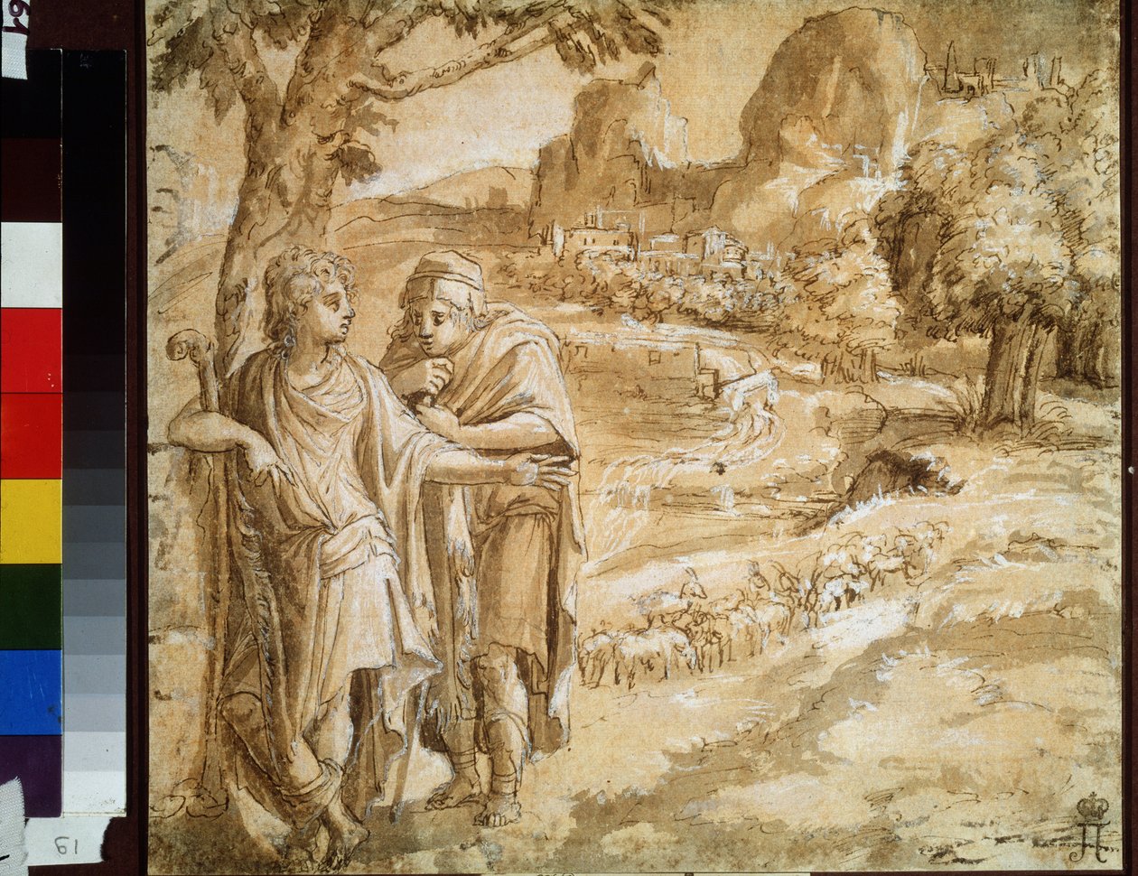 "Herde och pilgrim i ett landskap" (Herde och pilgrim i ett landskap) Akvarell och tusch av Pirro Ligorio (1510-1583) Circa 1550 Pushkin-museet, Moskva av Pirro Ligorio