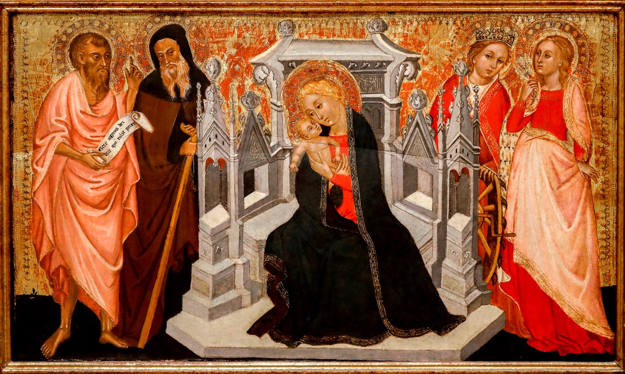 Madonna och barn med heliga. 1400-talet (Tempera på trä) av Pittore Marchigiano
