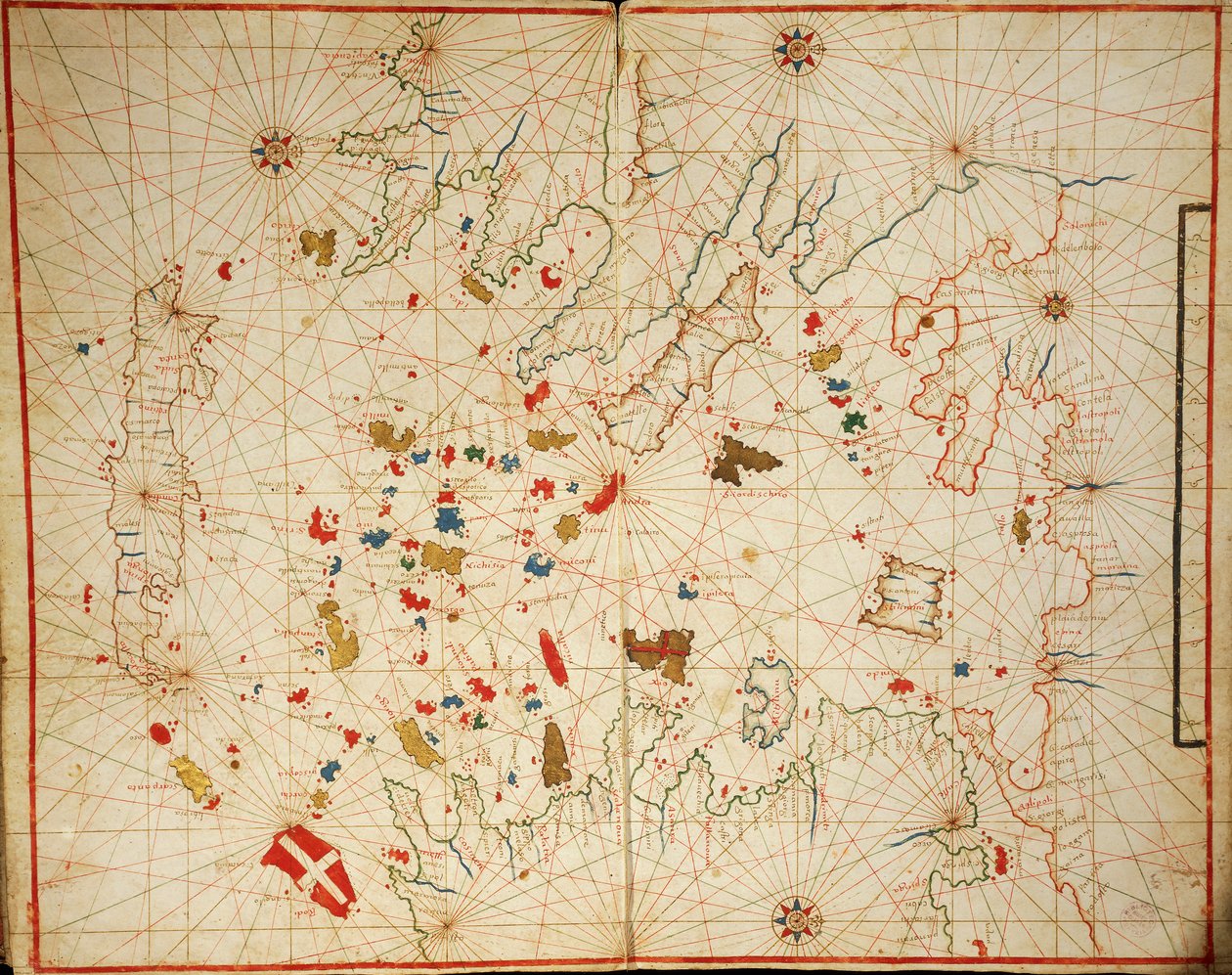 Egeiska havet, ur portolanatlas bestående av sex kartor, av Placido Caloiro och Francesco Oliva, Pergament. 1646. av Placido Caloiro e Oliva