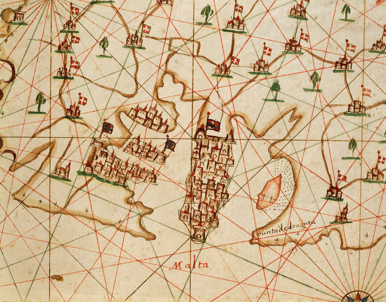 Ön Malta, från portolan atlas bestående av sex sjökort, av Placido Caloiro och Francesco Oliva, Parchment. 1646. av Placido Caloiro e Oliva