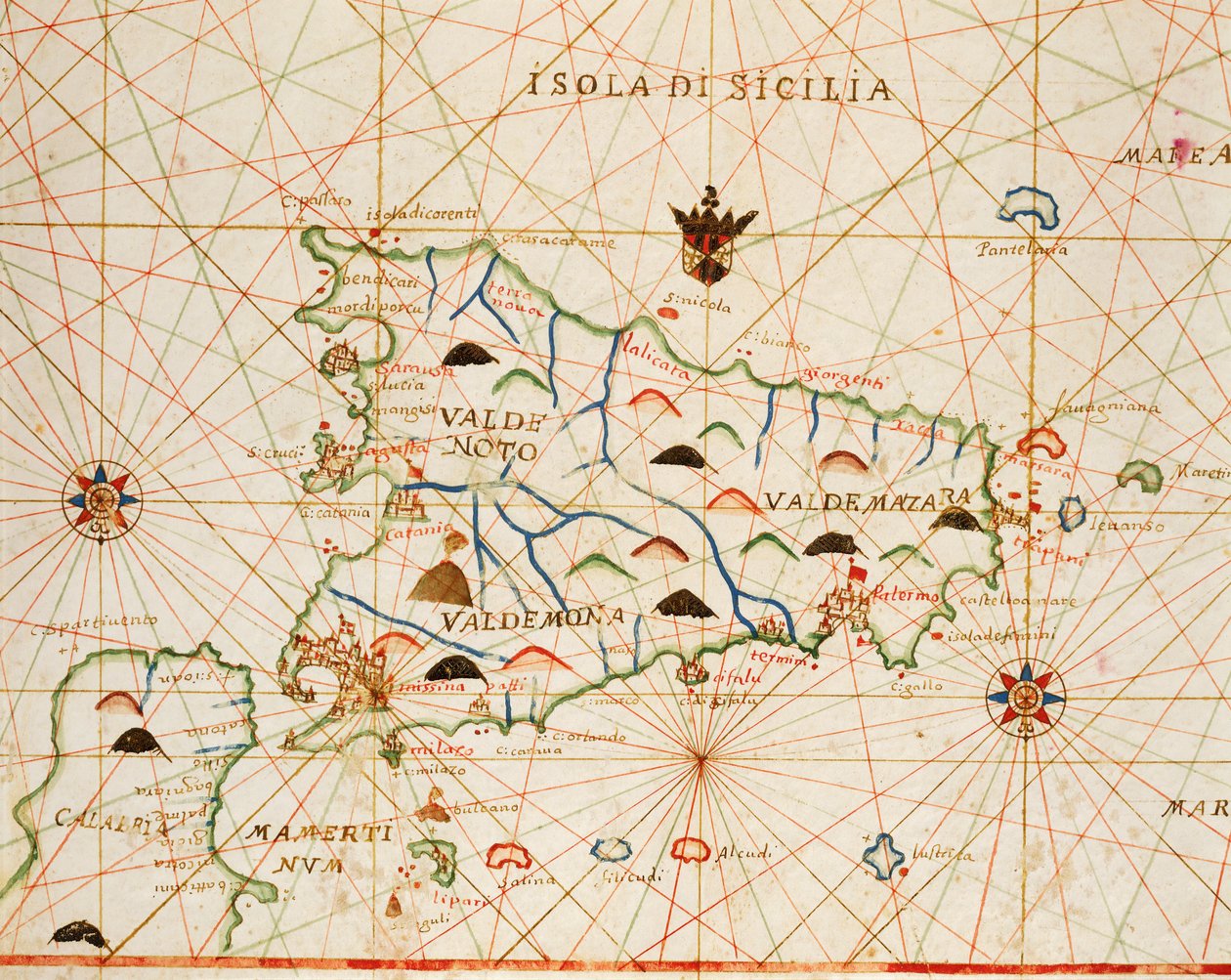 Sicilien från portolan atlas bestående av sex diagram, av Placido Caloiro och Francesco Oliva, Parchment. 1646. av Placido Caloiro e Oliva