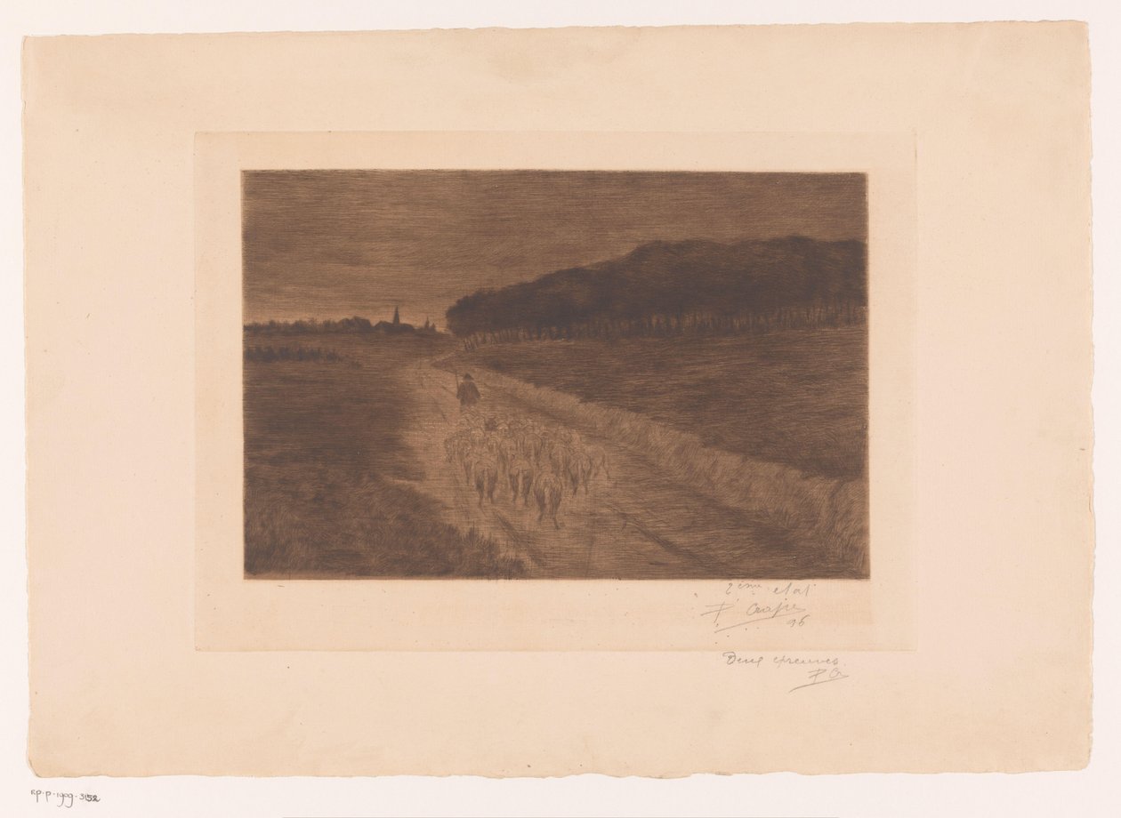Fårhjord med herde på en hedväg av Pol Craps (signed by artist)
