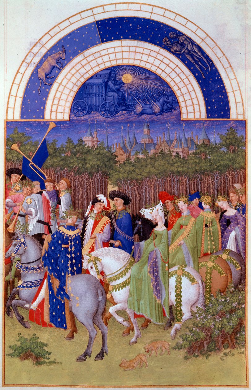 Cortege av adelsmän och musiker till häst, utsikt över Ducal Palace of Riom (?) och maj månad. Flamländsk miniatyr av Pol De Limburg (1400-talet) från manuskriptet "The very rich hours of the Duke of Berry"" av Pol de Limbourg