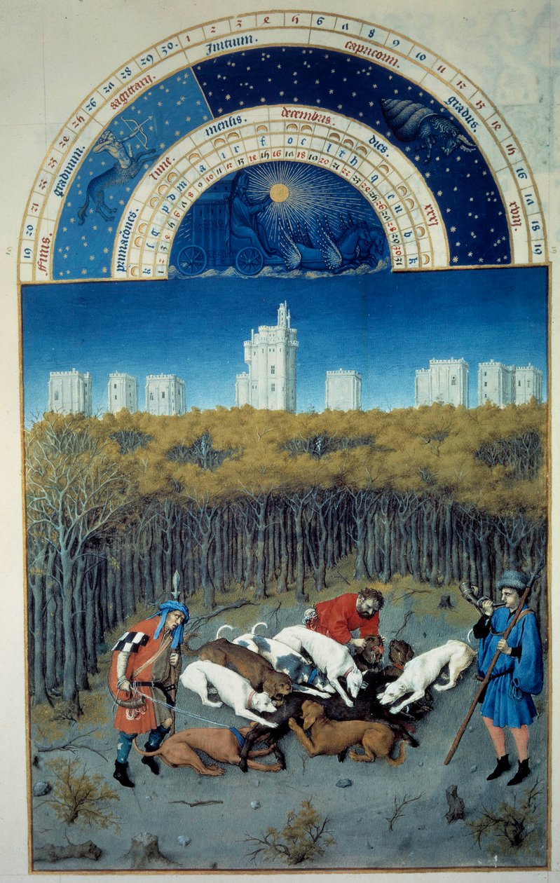 December: jaktscen. I bakgrundsvyn av Vincennes flamländska miniatyr av Pol De Limburg (1400-talet) från manuskriptet "The very rich hours of the Duke of Berry"" av Pol de Limbourg