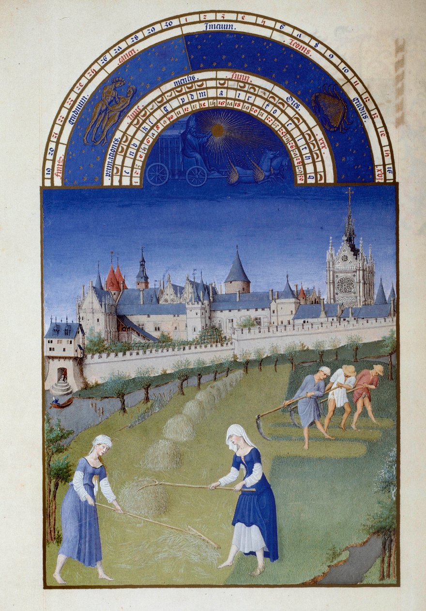 juni: hö. På baksidan, palatset i det flamländska miniatyrkapellet i Pol De Limburg (1400-talet) från manuskriptet "The very rich hours of the Duke of Berry"" av Pol de Limbourg