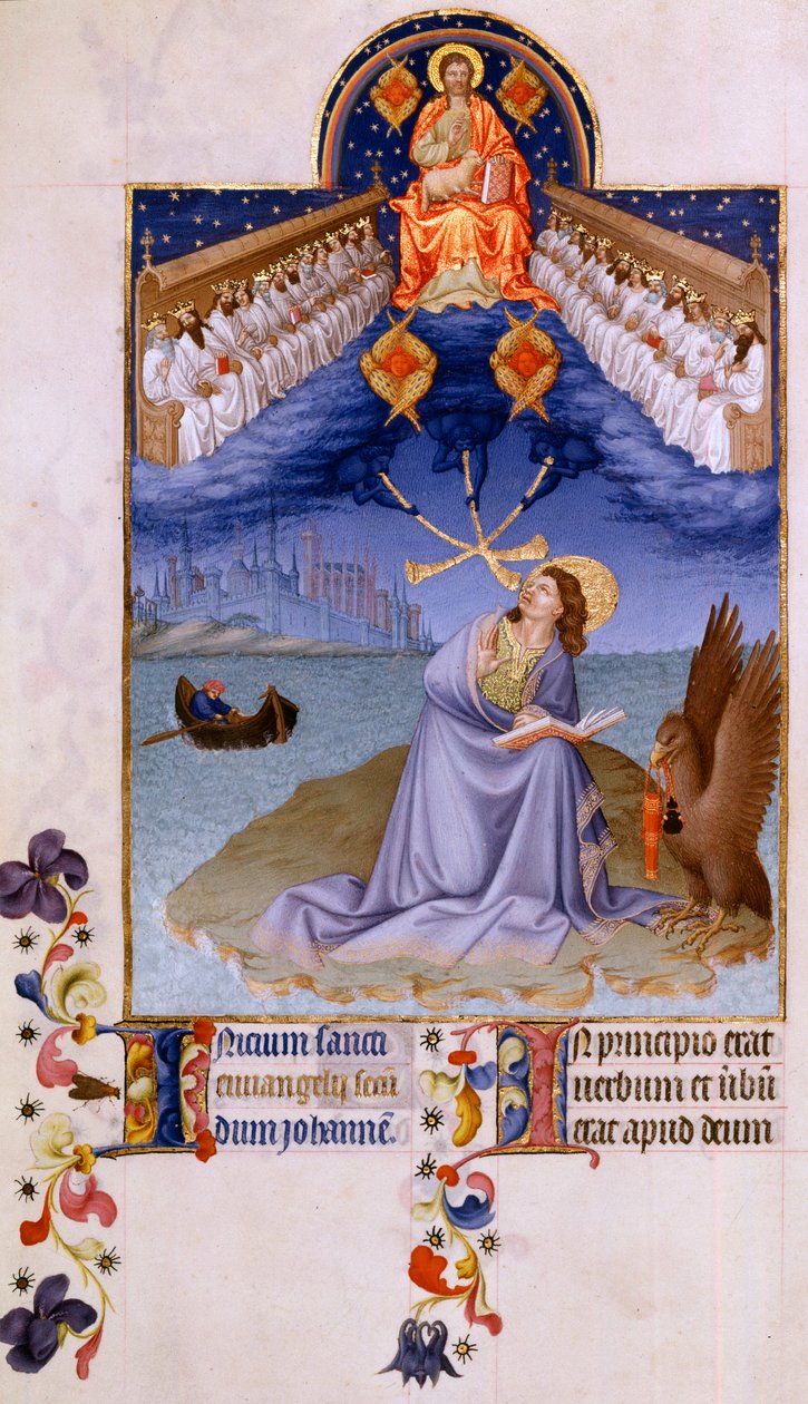 Saint John a Patmos. "" Miniatyr i "" The very rich hours of the Duke of Berry"" av Pol De Limburg (1400-talet). Chantilly, Musee Conde av Pol de Limbourg