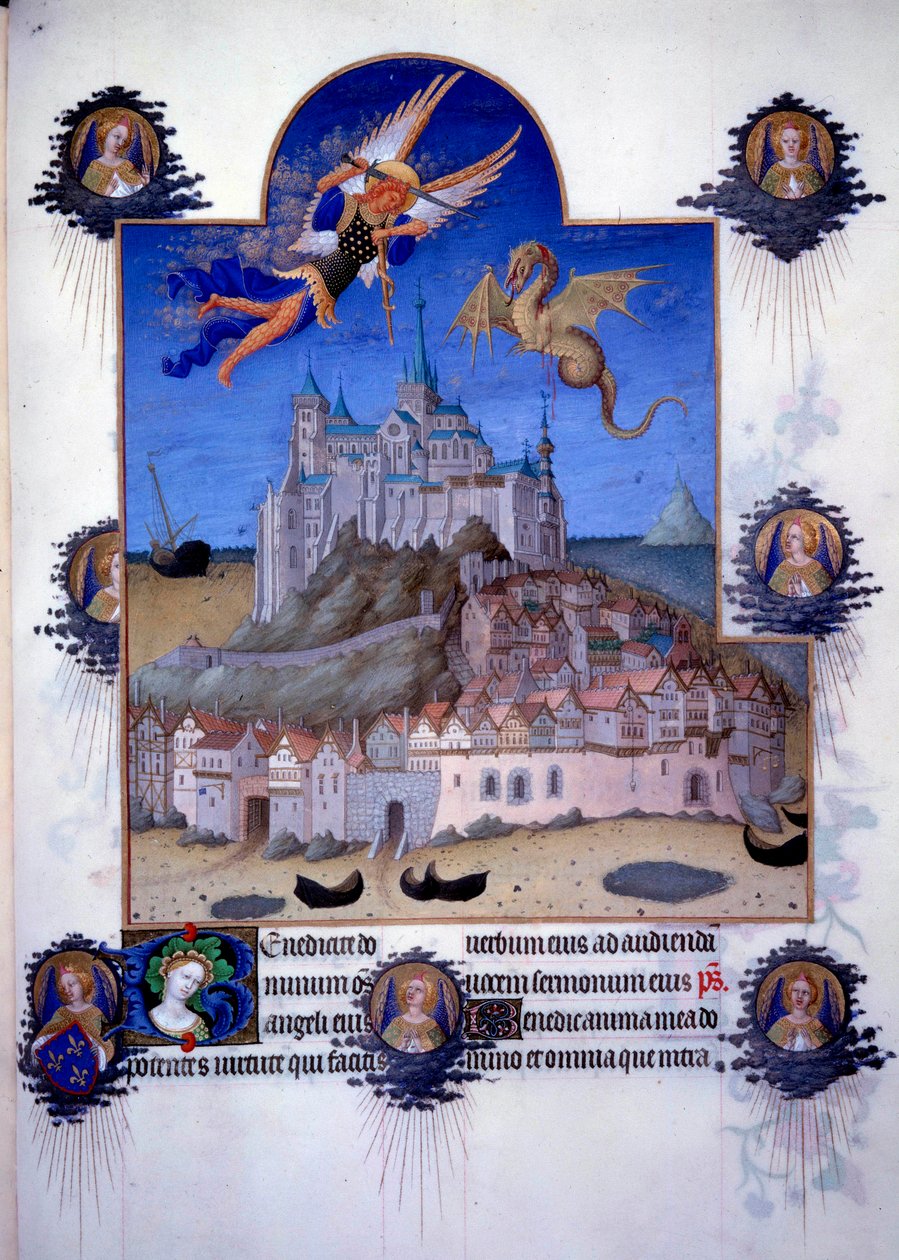 Utsikt över Mont Saint Michel (Mont-Saint-Michel): ärkeängeln Saint Michel och drakvingen är representerade stridande i luften. Flamländsk miniatyr från Pol de Limburg från "The Book of Good Morors"" av Jacques den store (1360-1415/1418), tillägnad Johanne av Pol de Limbourg