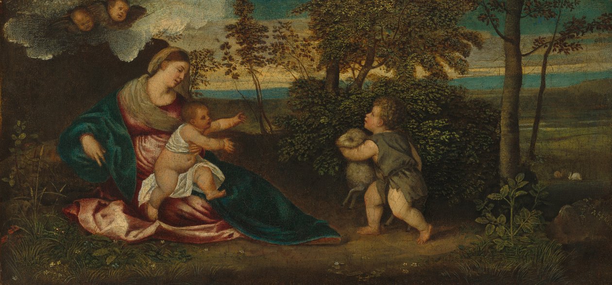 Madonna och barnet och spädbarnet Saint John i ett landskap, 1540-50 av Polidoro Lanzani