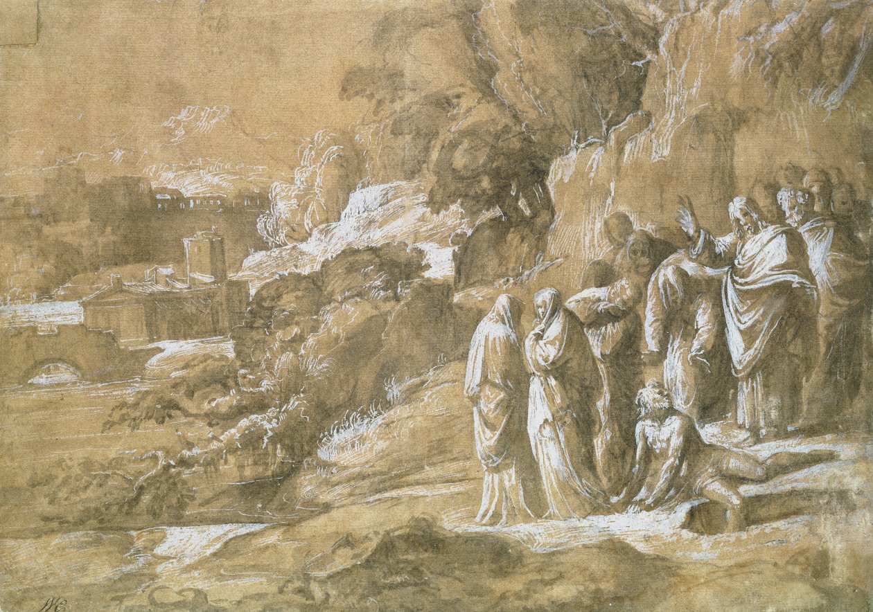 The Raising of Lazarus (penna och brunt indisk bläck och svart krita på brunt papper) av Polidoro da Caravaggio