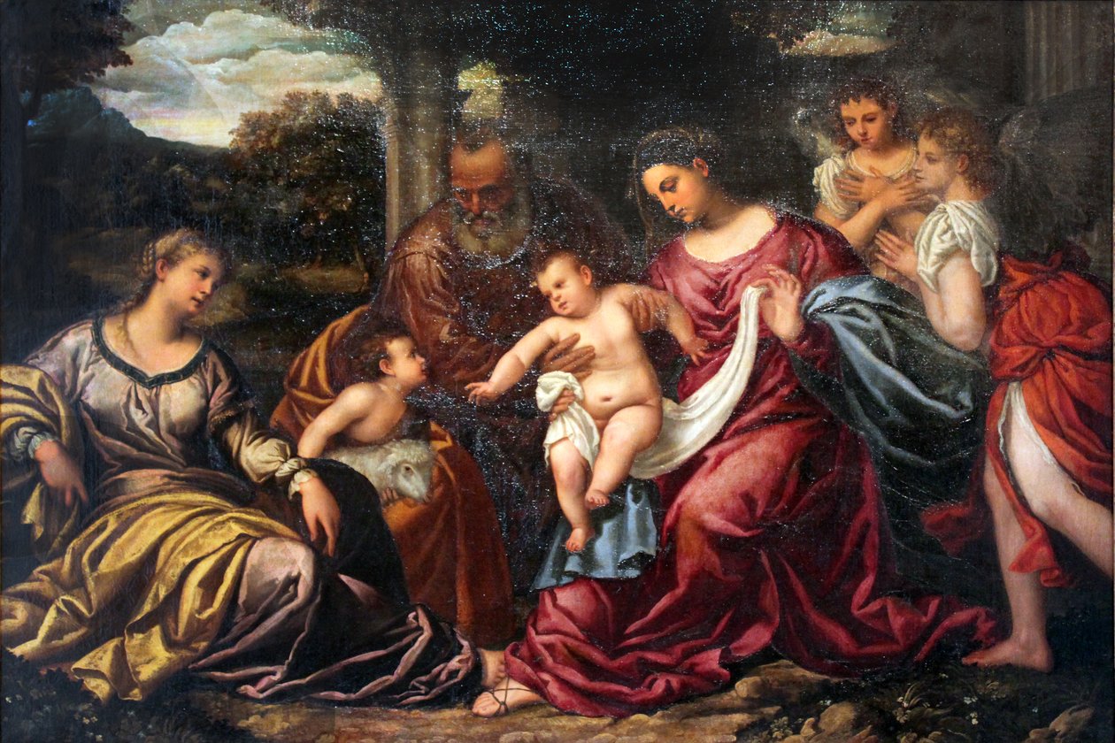Den heliga familjen med St Catherine av Alexandria och spädbarnet St. John av Polidoro da Lanciano