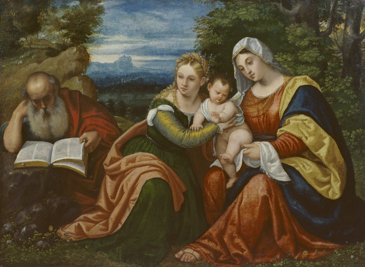 Jungfru och barn med St. Catherine och St. Hieronymus i ett landskap av Polidoro da Lanciano