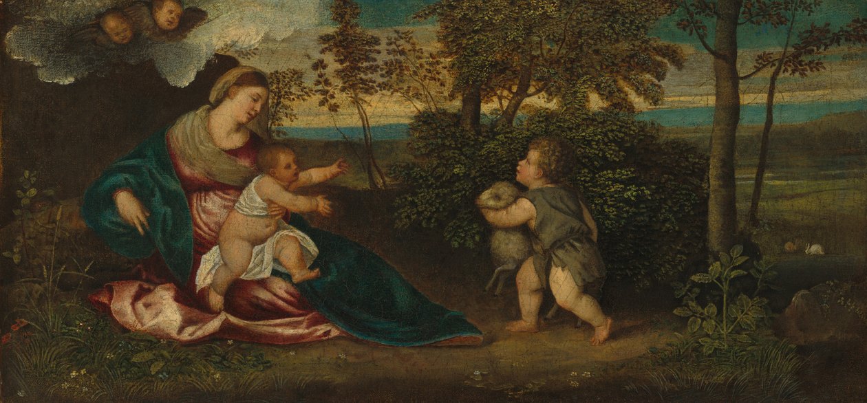 Madonna och barnet och spädbarnet Saint John i ett landskap av Polidoro Lanzani