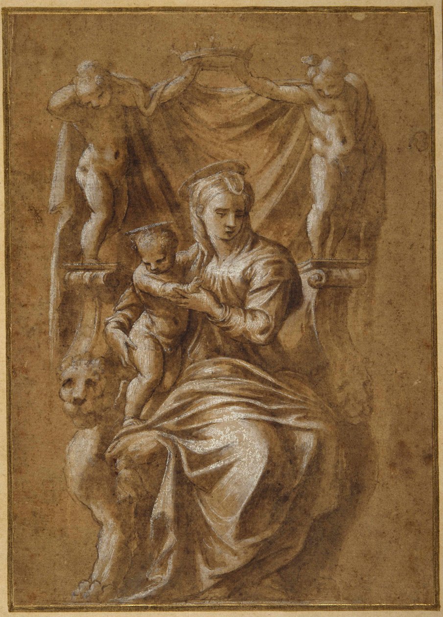 The Madonna and Child tronade (penna & brunt bläck med kroppsfärg på papper) av Polidoro da (follower of) Caravaggio