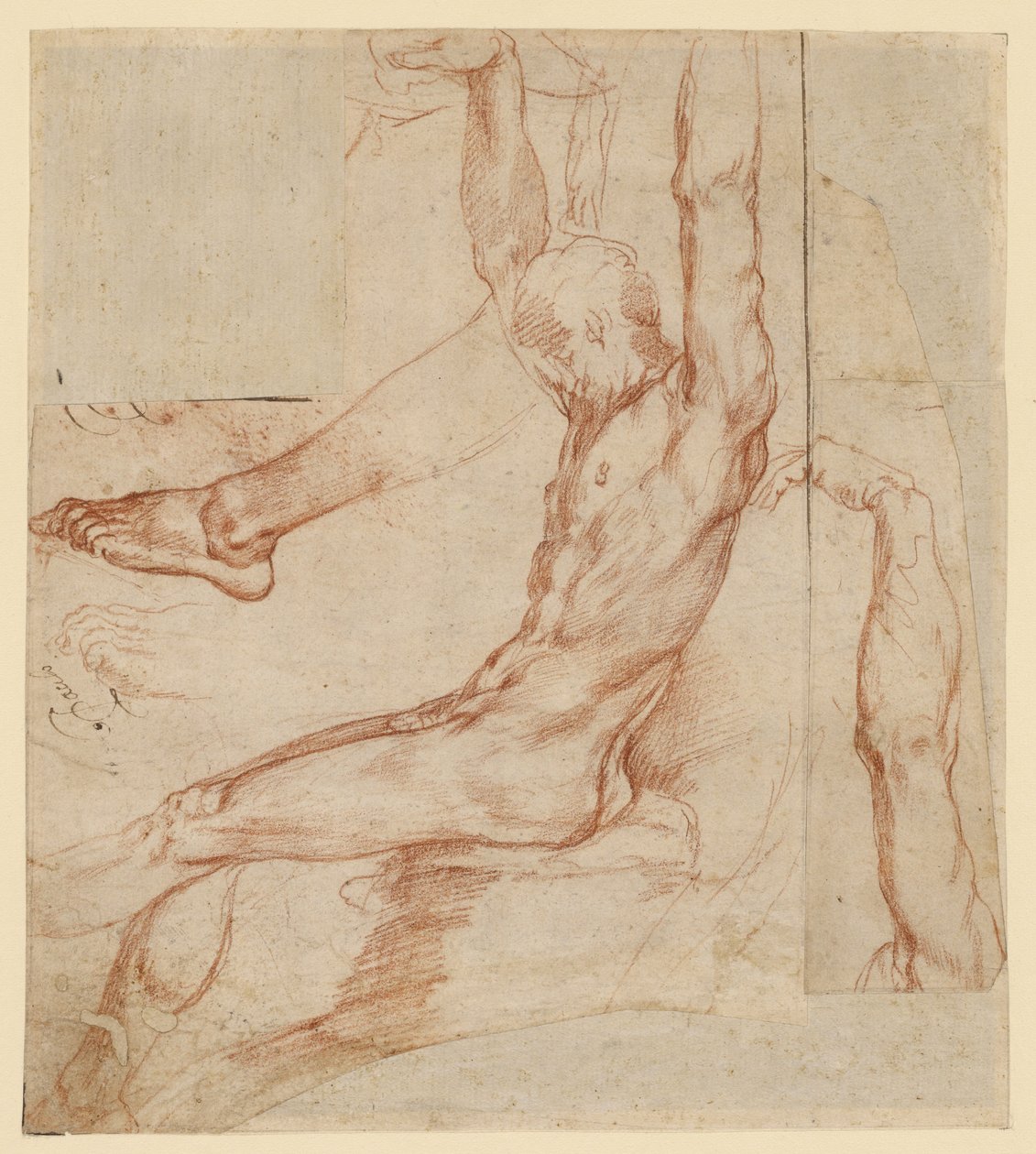 Studie av en man med olika skisser (recto); Studie av en mans draperade ben (verso) av Polidoro da Caravaggio (Polidoro Caldara)