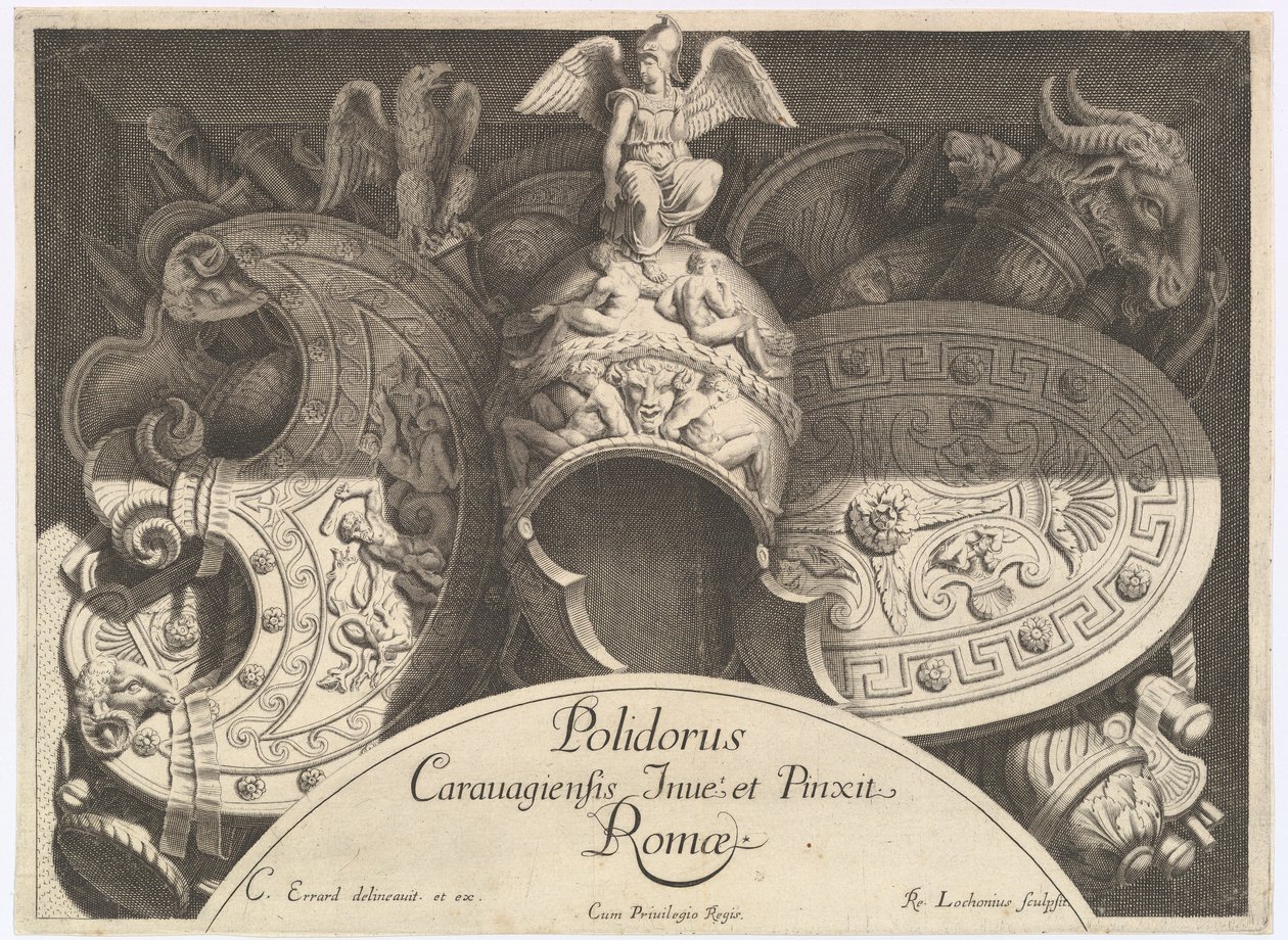 Divers Trophées vapentroféer efter fasaden på Palazzo Milesi i Rom, 1651 av Polidoro da Caravaggio