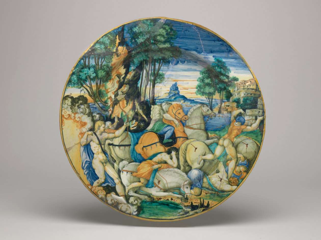 Maiolica-fat, Apollo slaying the Sons of Niobe- Shape ca 64 med vanlig kant, fatets bas, 1548 av Polidoro da Caravaggio