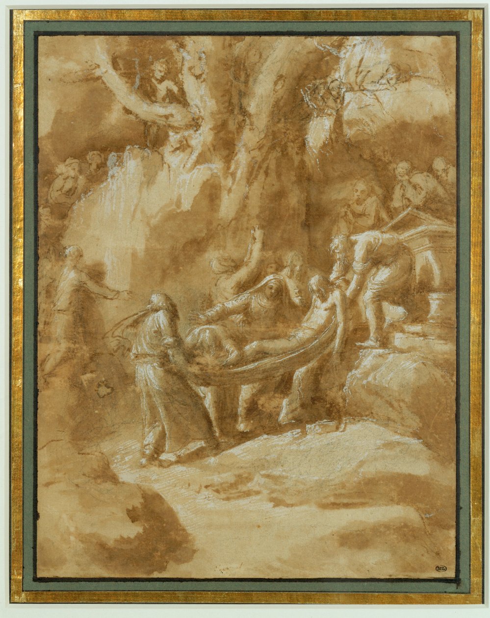 Gravsättning. Svart sten, pensel och brun lavering, vita inslag på beige papper ... av Polidoro da Caravaggio