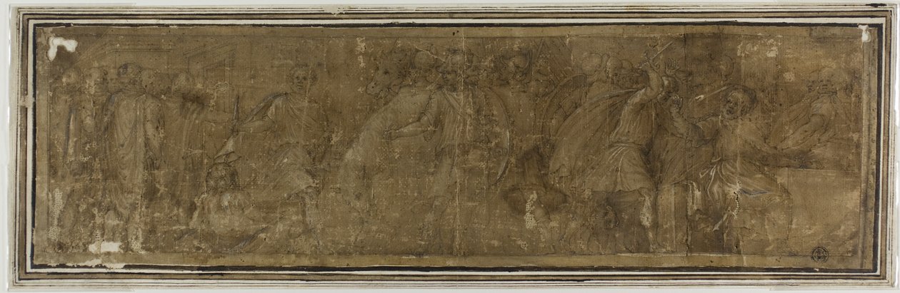 Mucius Scaevola korsar Tibern, avser att mörda Porsenna men dödar sin skattmästare av misstag av Polidoro da Caravaggio