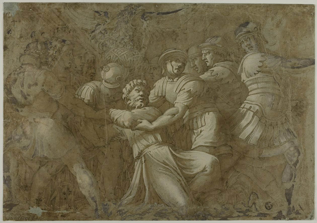 Romerska soldater arresterar Sankt Peter (?) av Polidoro da Caravaggio