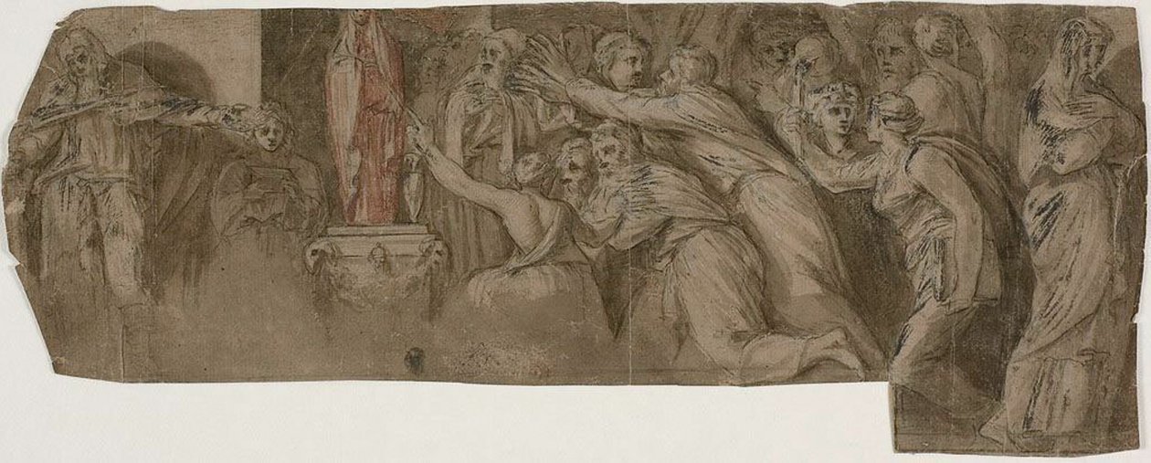 Story of Niobe: Präster och tillbedjare framför en staty av Niobe av Polidoro da Caravaggio
