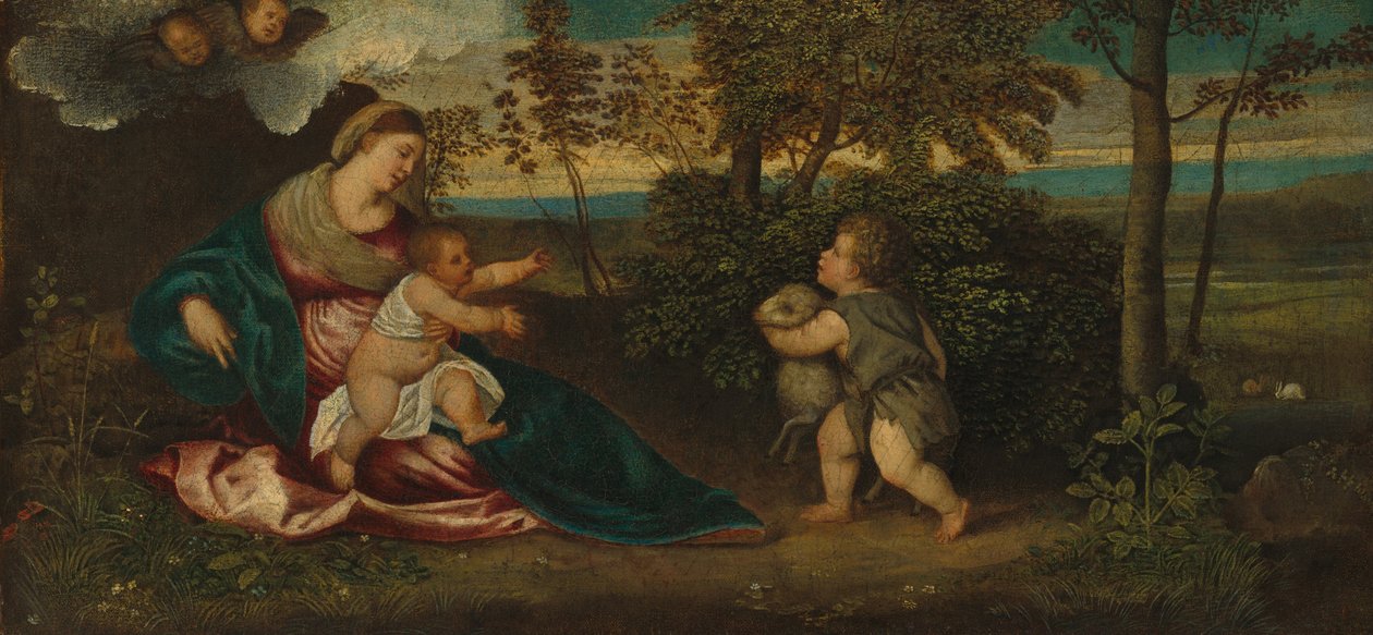 Madonna och barnet och spädbarnet Saint John i ett landskap, 15401550. av Polidoro da Lanciano