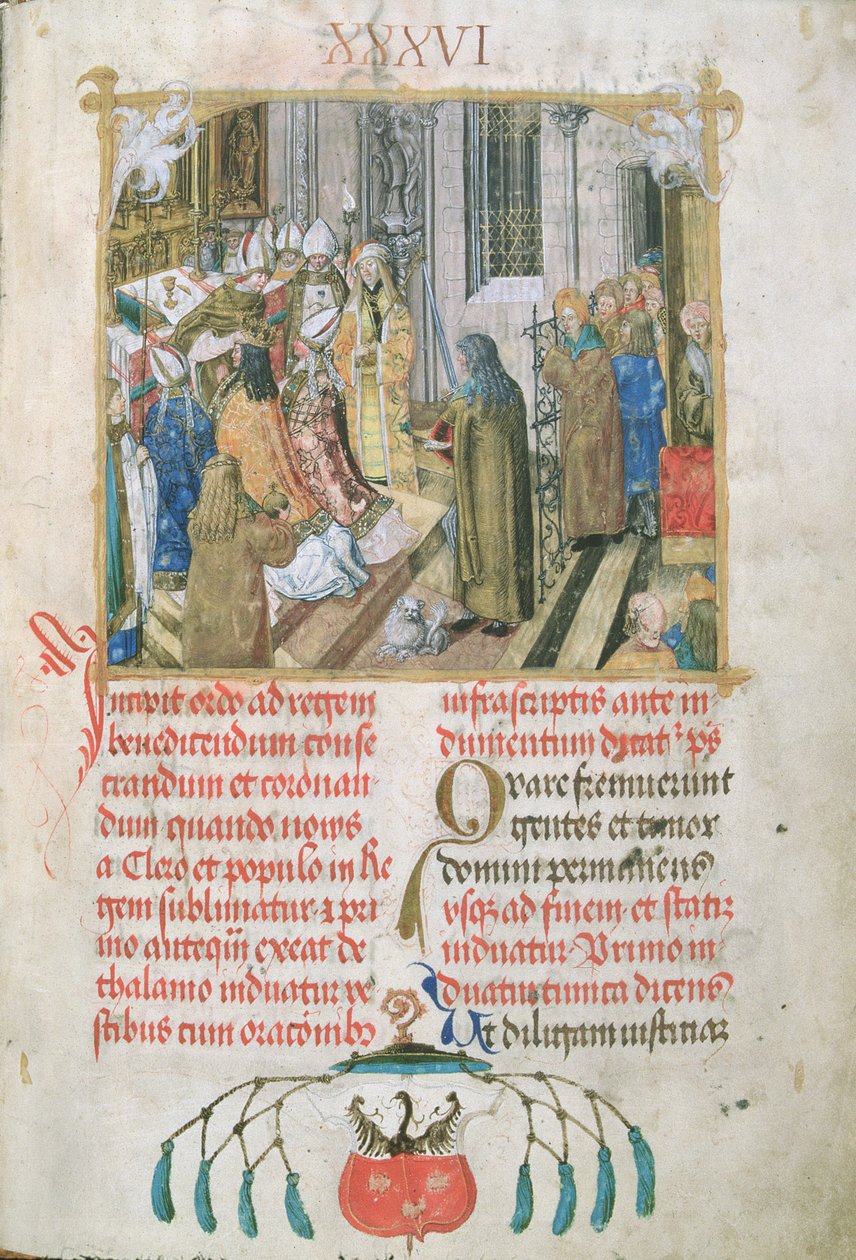 Kröning av kungen av Polen presenterar maktens insignier från påven av biskop Erasmus Ciolek, ca 1510 (tempera & guld på pergament) av Polish School
