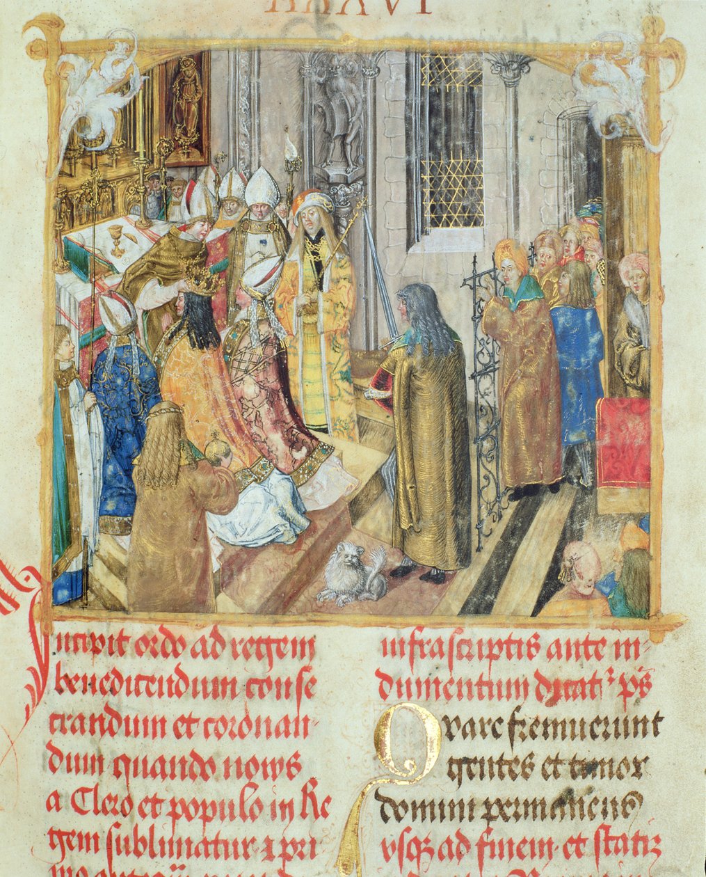Kröning av kungen av Polen från påvliga biskopen Erasmus Ciolek, ca 1510 (tempera & guld på pergament) av Polish School