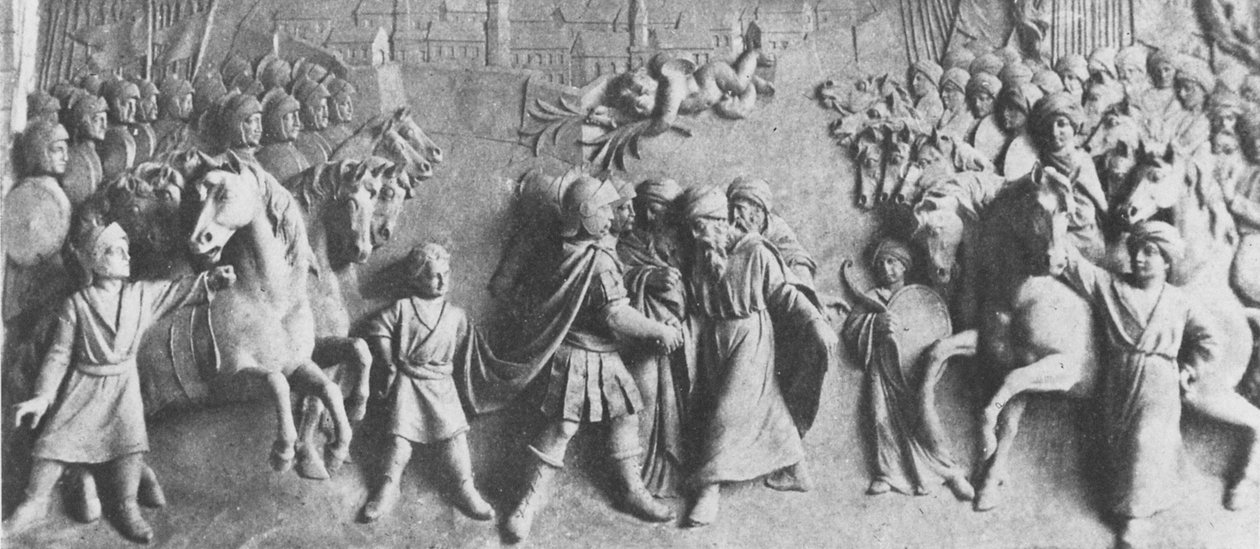 Relief av John III Sobieski får överlämnandet av de turkiska trupperna, efter seger i slaget vid Wien (marmor) av Polish School