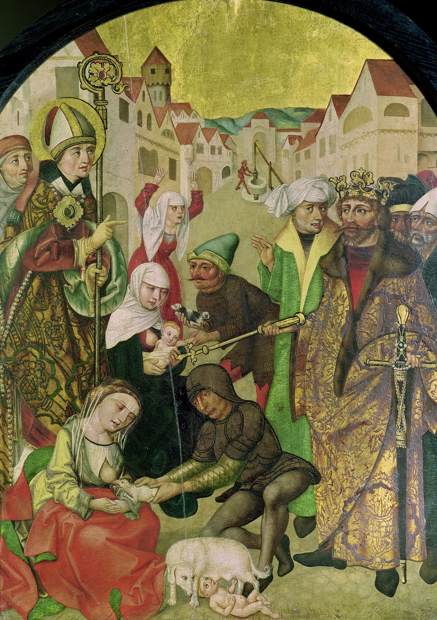 St. Stanislas (1030-79) tittar på straffet för otrogna hustrur som befallts av kung Boleslas II (1039-81) panel från St. Stanislas altartavla av Polish School