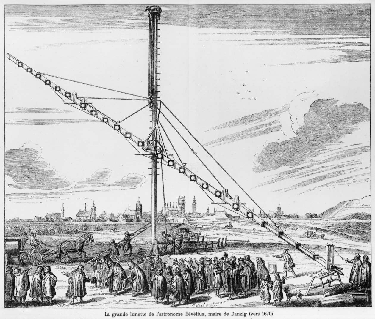 Det stora astronomiska teleskopet av Johannes Hevelius (1611-1687) illustration från Machina Coelestis av Hevelius, Gdansk, publicerad 1670 av Polish School