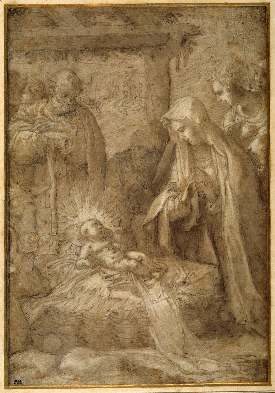 The Adoration of the Shepherds (metalpoint, penna och bläck med tvätt och gouache på papper) av Pompeo (fl.1569 71) (attr. to) Cesura