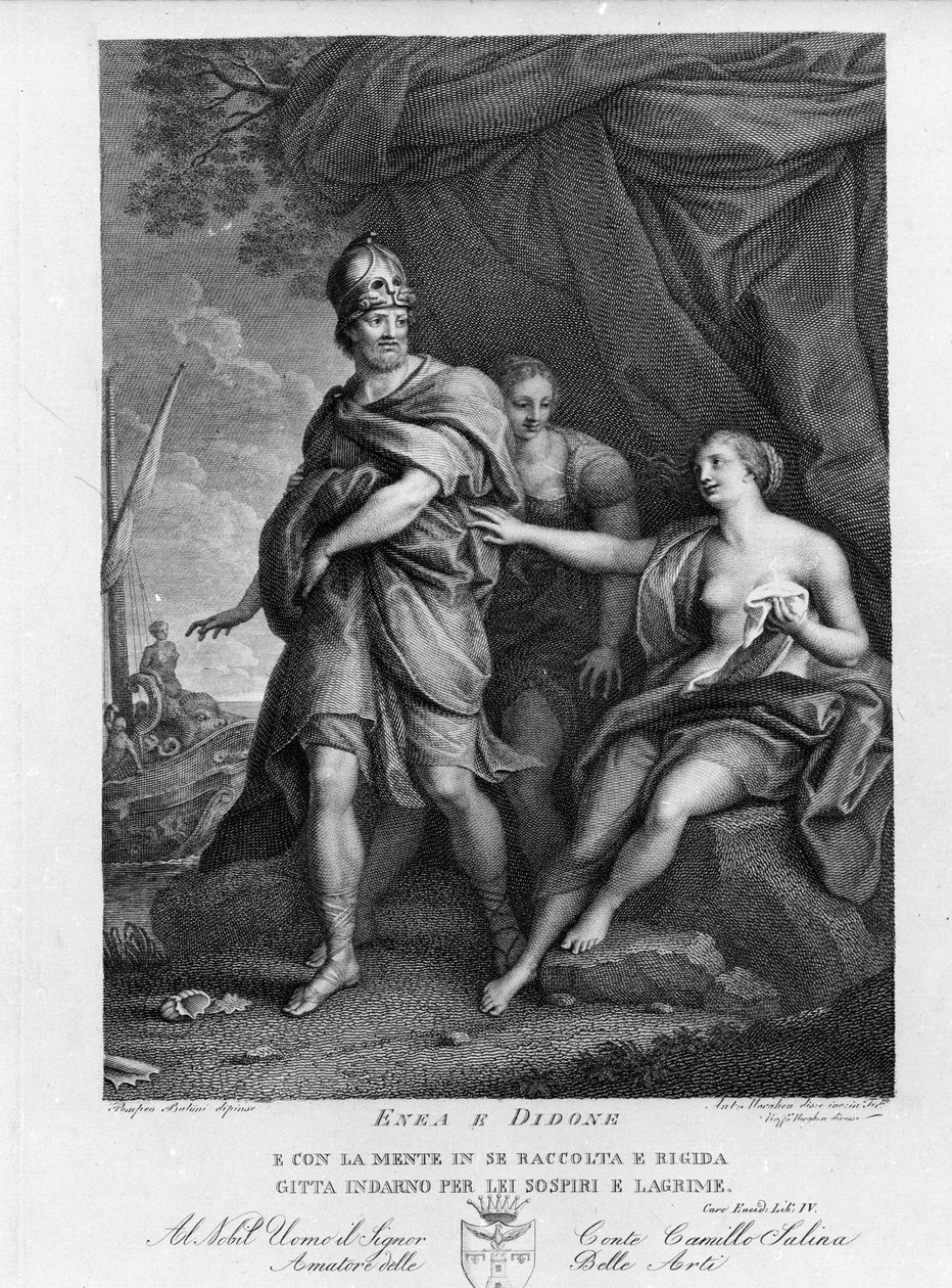 Eneide de Virgil (70 f.Kr.-19 f.Kr.), Bok IV, de trojanska hjältarna Enee överger Didon som desperat självmord. Gravyr efter en målning av Pompeo Batoni (1708-1787) av Pompeo Girolamo (after) Batoni