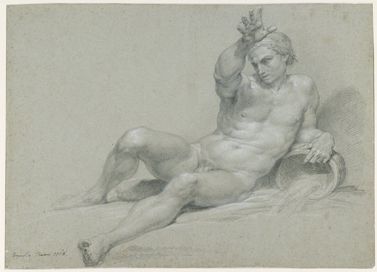 Nakenstudie av en liggande manlig modell med höger arm höjd, i en antik flodguds pose, sedd snett från vänster av Pompeo Girolamo Batoni