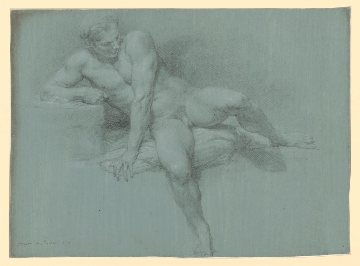 Nakenstudie av en liggande manlig modell som stöder sig med vänster arm framför kroppen av Pompeo Girolamo Batoni