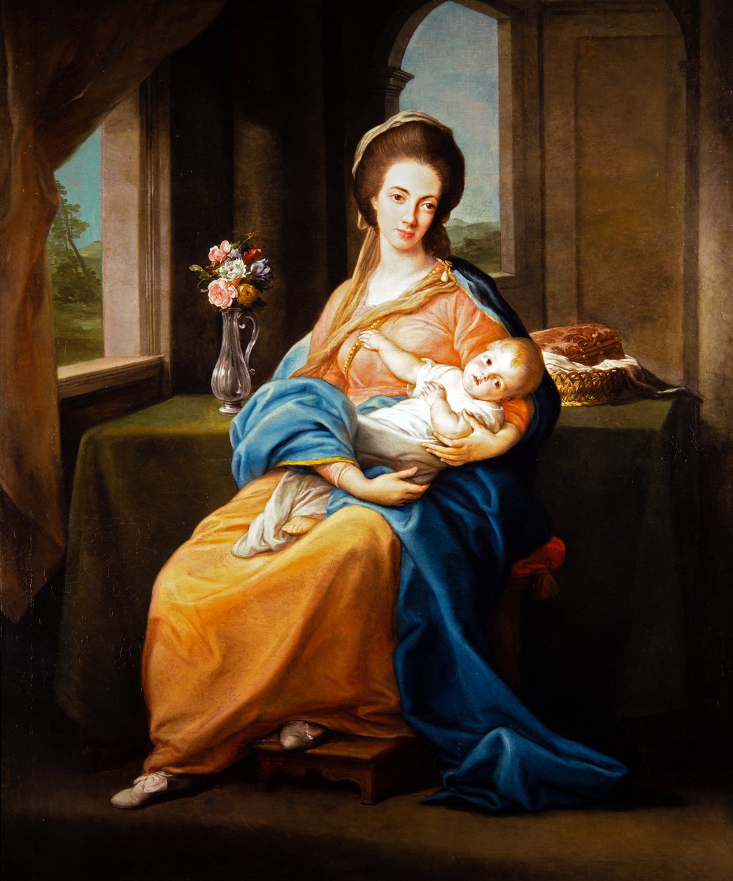 Par porträtt, dam med barn (på duk) av Pompeo Girolamo Batoni