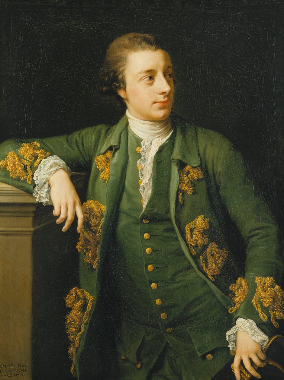 Porträtt av Thomas Fortescue, M.P., stående, tre fjärdedels längd, iklädd en grön rock och väst, lutar sin högra arm på en piedestal och håller en trehörningshatt i sin vänstra hand, 1767 av Pompeo Girolamo Batoni