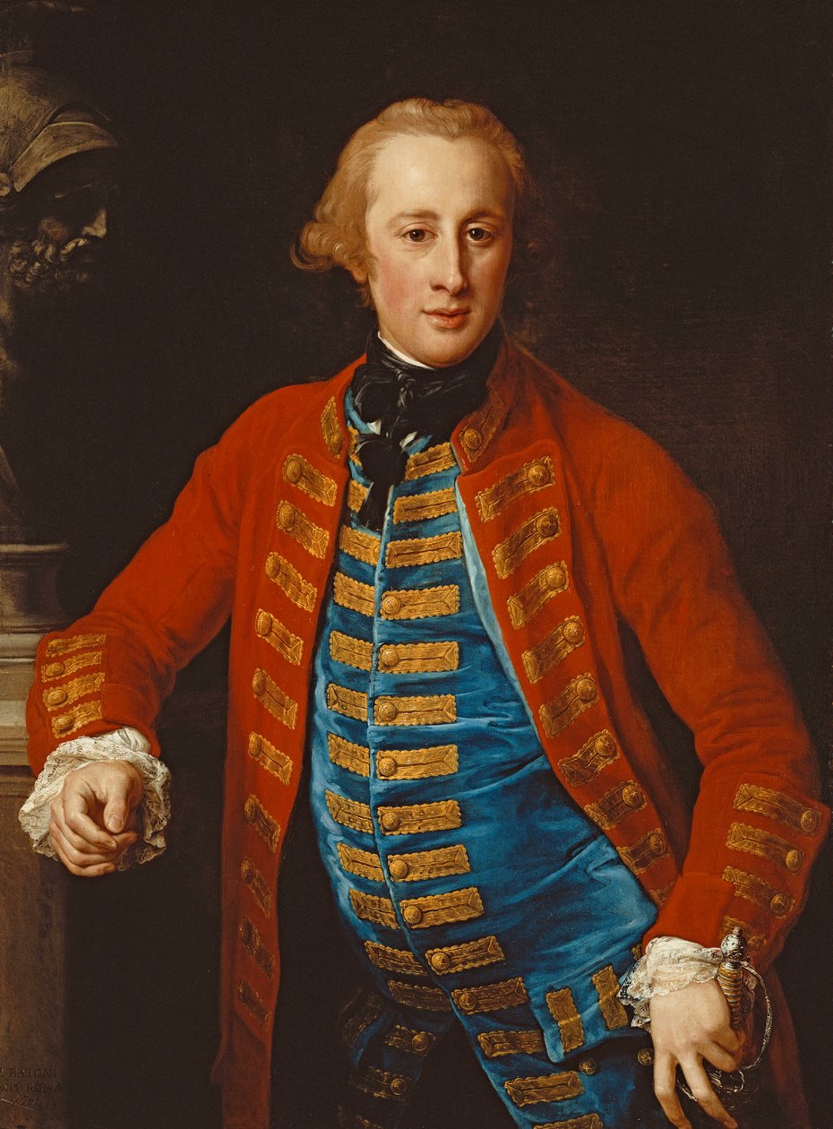 Porträtt av en kavalleriofficer i utgående klänning, tre fjärdedels längd, lutad på en piedestal vid en byst av Mars, 1774 av Pompeo Girolamo Batoni