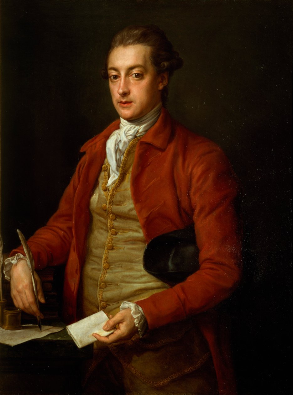 Porträtt av Hon. Lionel Damer, halvlängd i röd kappa med grå väst och vit halsduk, med ett papper och en penna (olja på duk) av Pompeo Girolamo Batoni