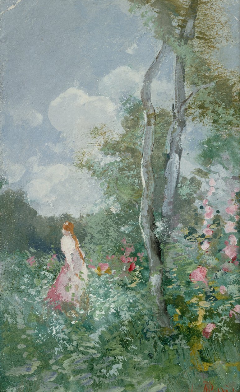A Girl Walking in a Wooded Glade (kroppsfärg på papper) av Pompeo Mariani
