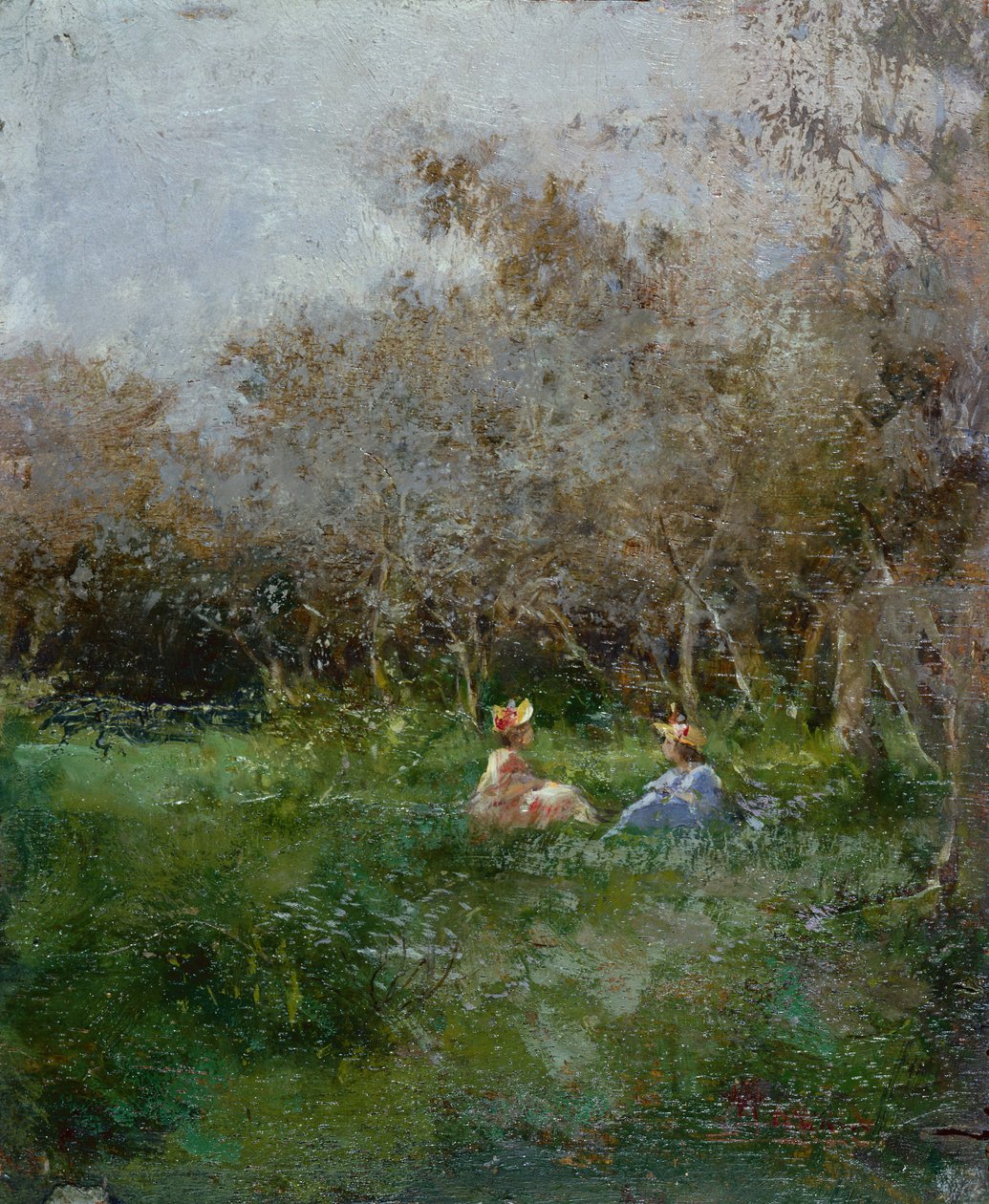 Eleganta damer vilar i ett skogslandskap (olja på panel) av Pompeo Mariani