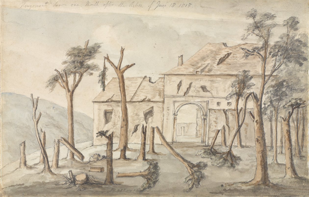 Hougoumont ritad en månad efter aktionen den 18 juni 1815, juli 1815 (penna och wc på papper) av Ponsonby