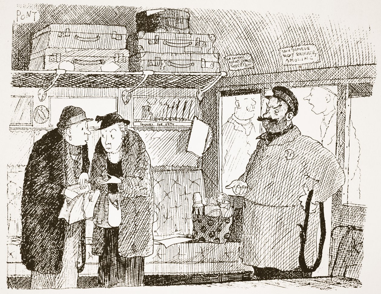 Benägenhet att bli generad av utländska valutor, illustration från "Pont: En redogörelse för den store punschkonstnärens liv och arbete". av Pont